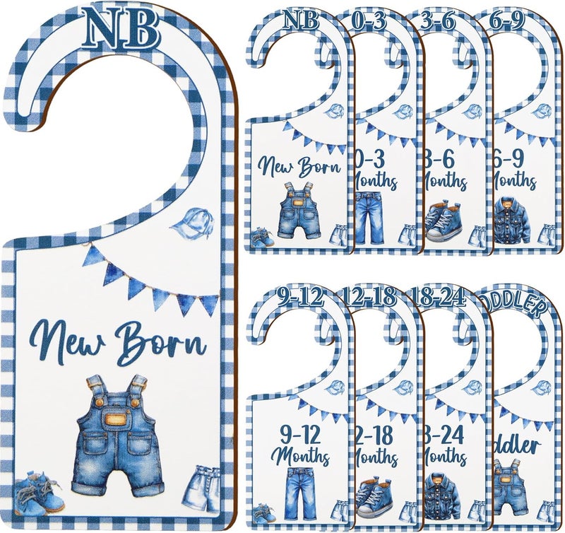 CORNER LACE Baby Closet Dividers 8PCS, Denim Themed Wooden Double-Sided Clothes Size Hanger/Organizer from Newborn to Toddler, Blue Jean Nursery Decor Baby Shower Birthday Gender Reveal Party Gift - Image 1